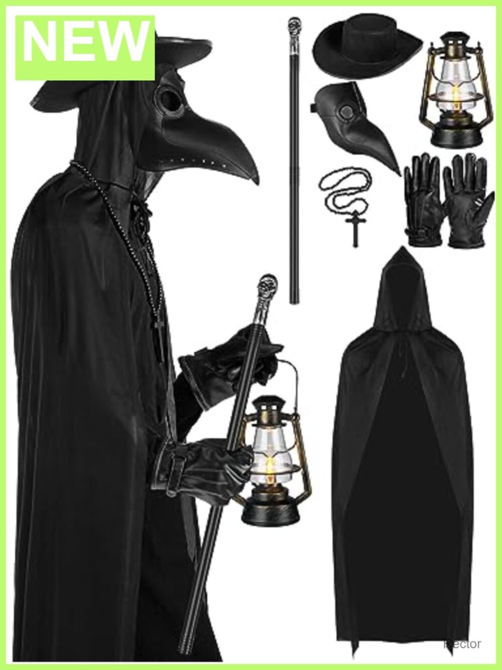 7 Pc Plague Doctor Costume Set Mask Hat Cloak Cane Lamp Necklace Gloves